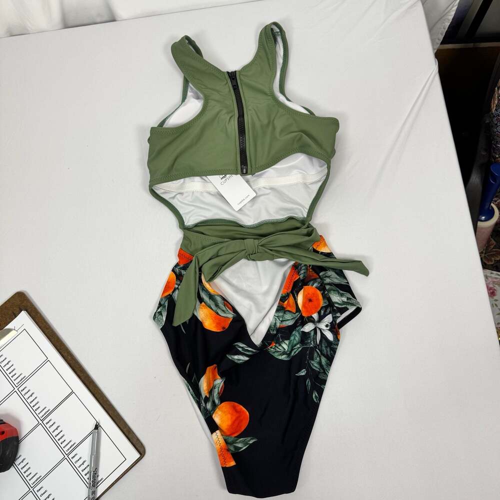 Cupshe Green & Orange Citrus Print Cutout Tie Back One Piece Swimsuit Size M - Picture 4 of 9